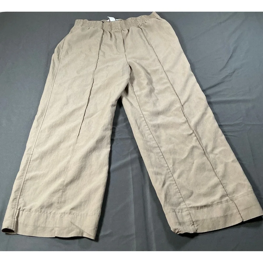H&M Beige Lyocell Linen Blend Wide Leg Cropped Pants Elastic Waist Size M